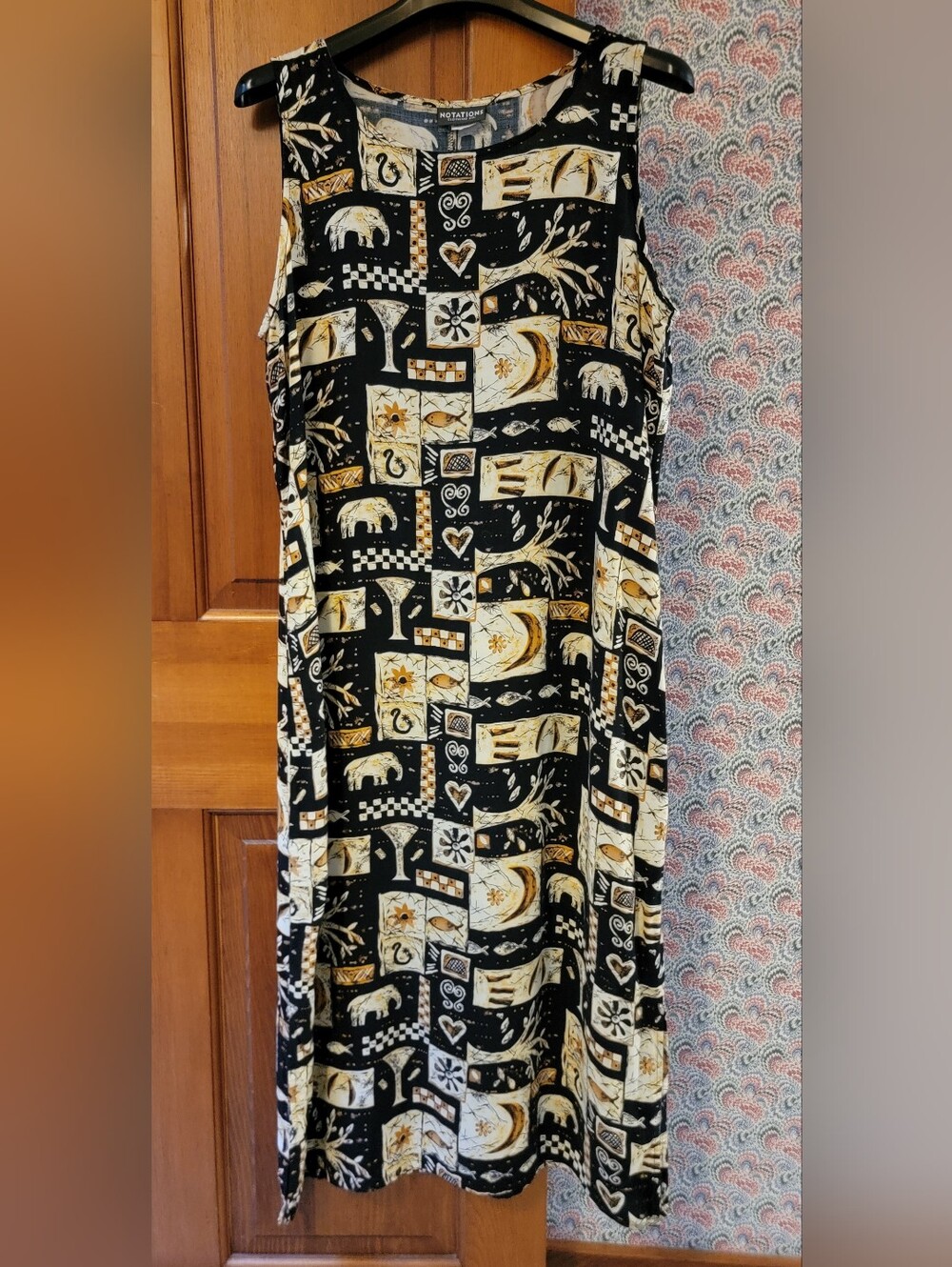 Vintage 90s Notations Safari Block Print Novelty Maxi Dress Elephant Moon Boho